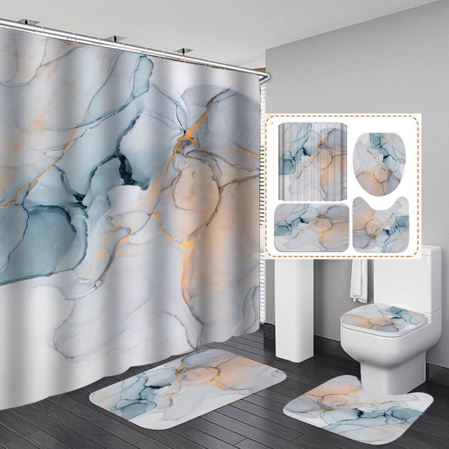 Modern Shower Curtains 3D Set Anti-slip Water Absorption Rugs