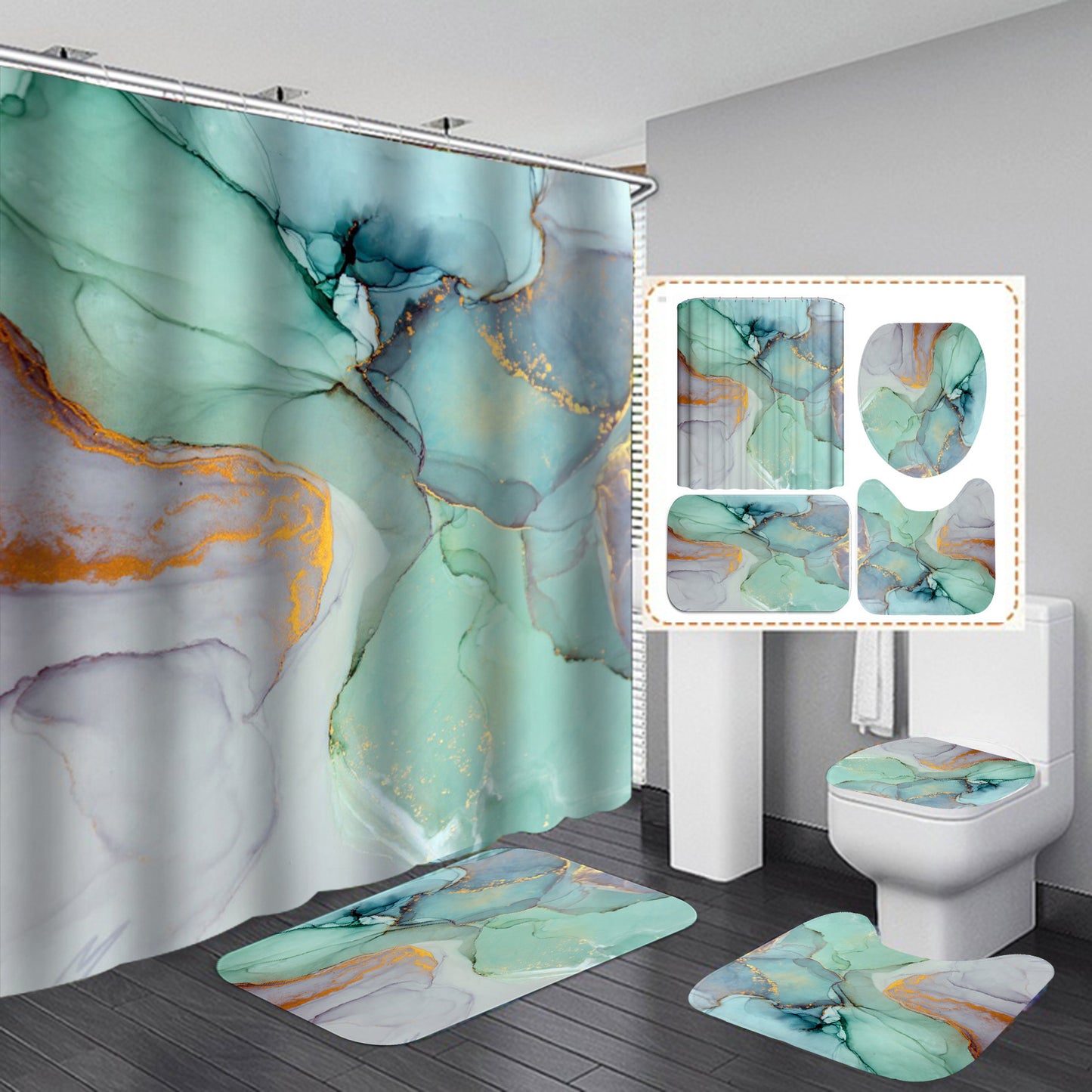 Modern Shower Curtains 3D Set Anti-slip Water Absorption Rugs