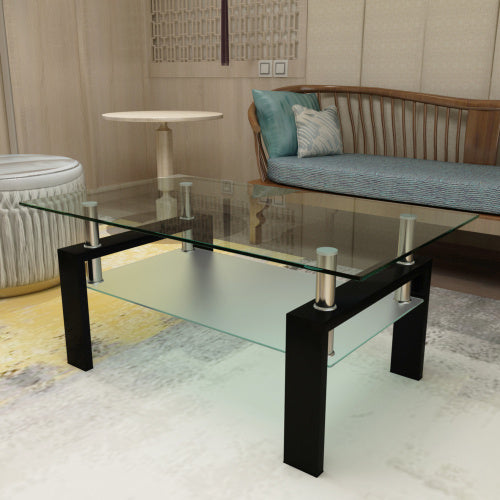 Rectangle Black Glass Coffee Table, Modern Side Center Table