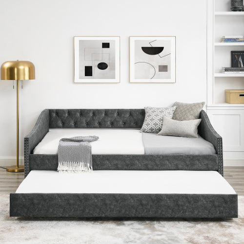 The Full-size Sofa Bed Features a Double-sized Upholstered Tufted Sofa Bed on Wheels