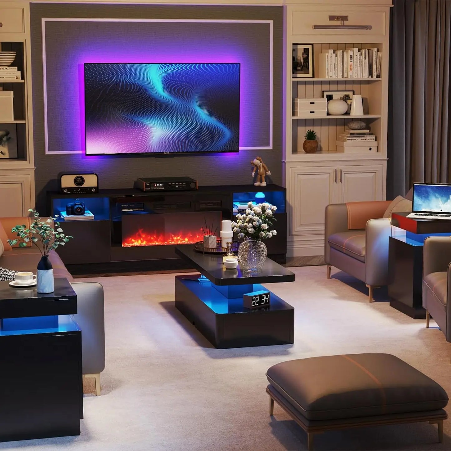 Modern Stylish Coffee Table with 16 Colors LED Lights, Double-Layer Design