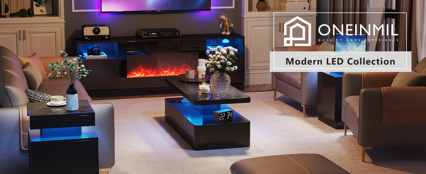 Modern Stylish Coffee Table with 16 Colors LED Lights, Double-Layer Design