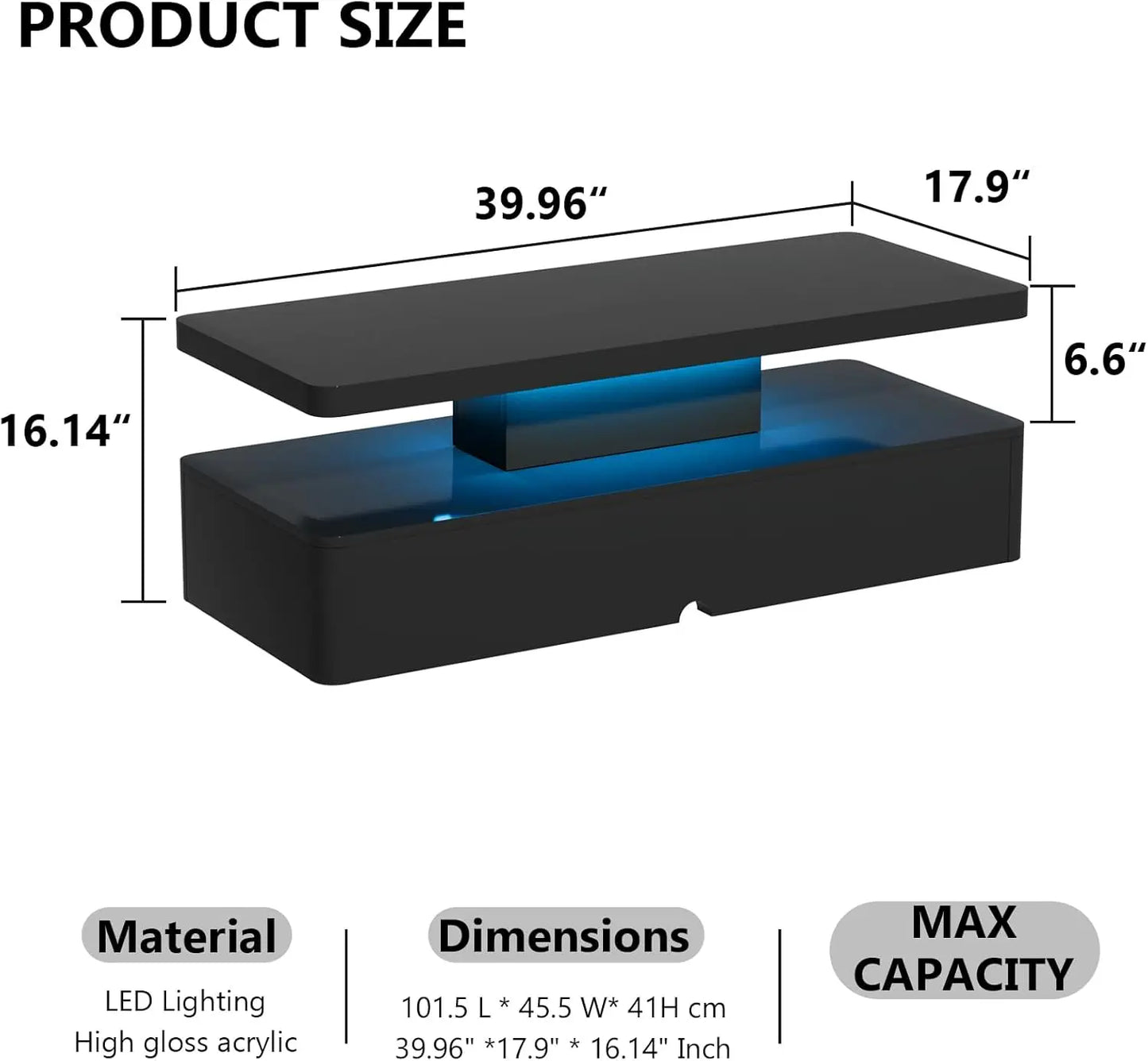 Modern Stylish Coffee Table with 16 Colors LED Lights, Double-Layer Design