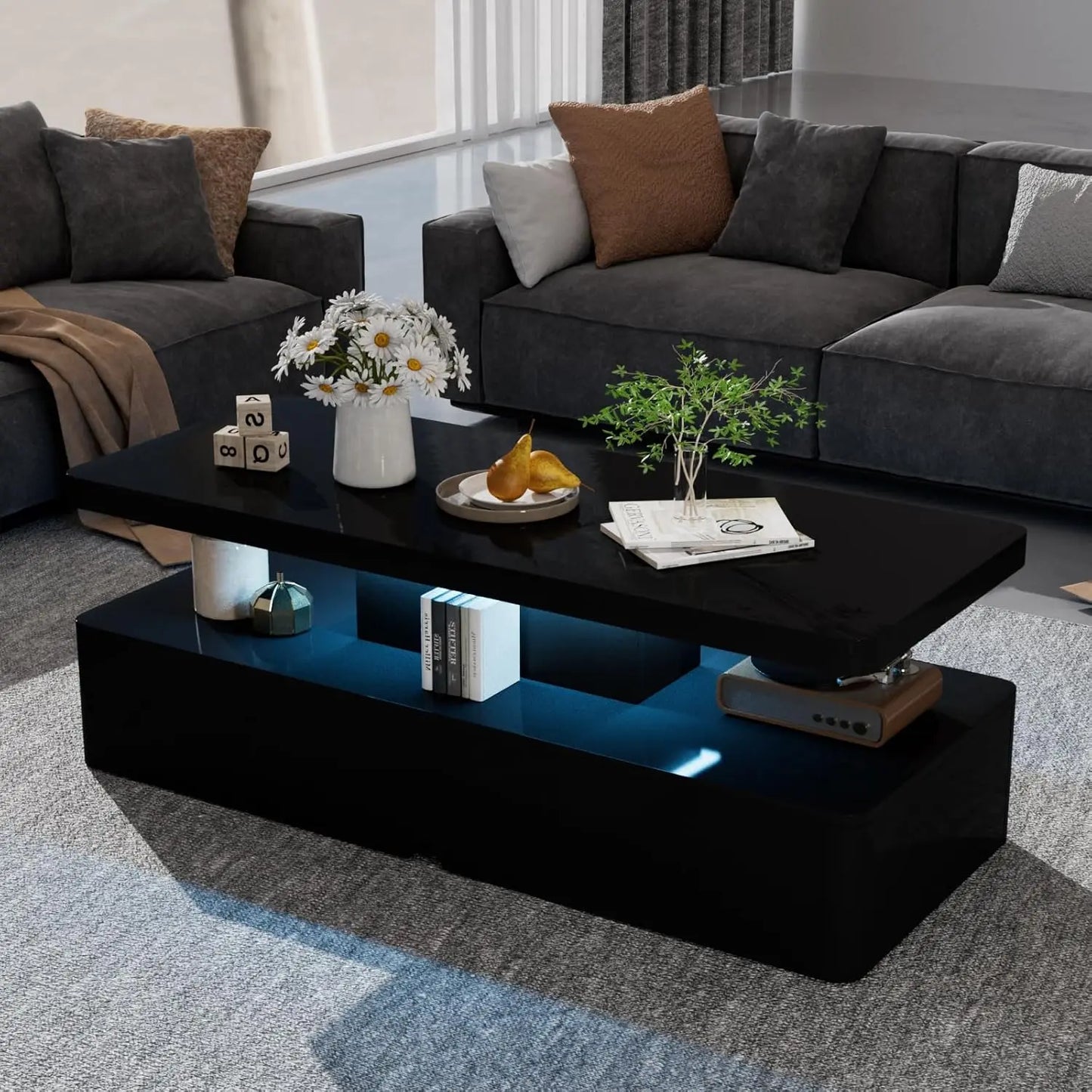 Modern Stylish Coffee Table with 16 Colors LED Lights, Double-Layer Design