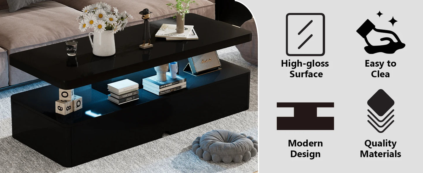 Modern Stylish Coffee Table with 16 Colors LED Lights, Double-Layer Design