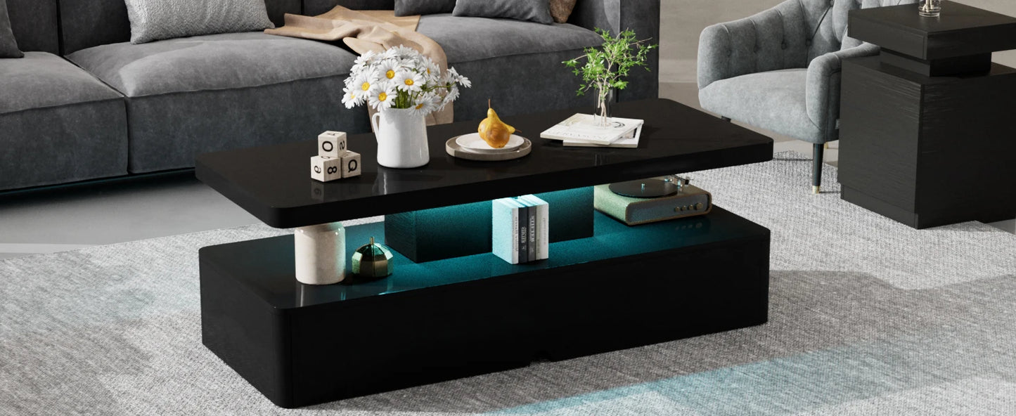 Modern Stylish Coffee Table with 16 Colors LED Lights, Double-Layer Design