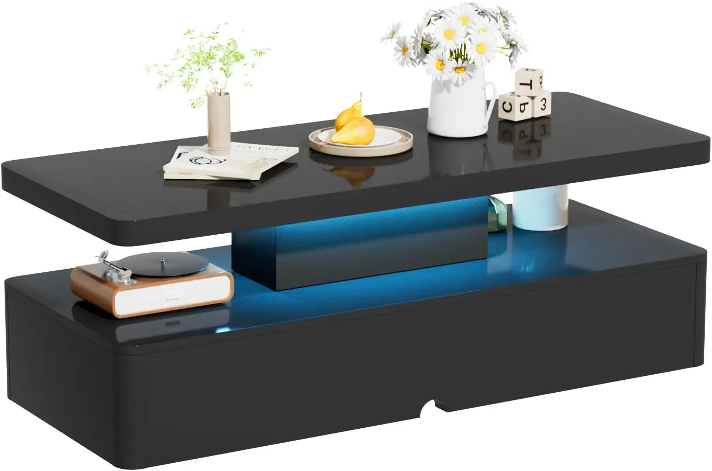 Modern Stylish Coffee Table with 16 Colors LED Lights, Double-Layer Design