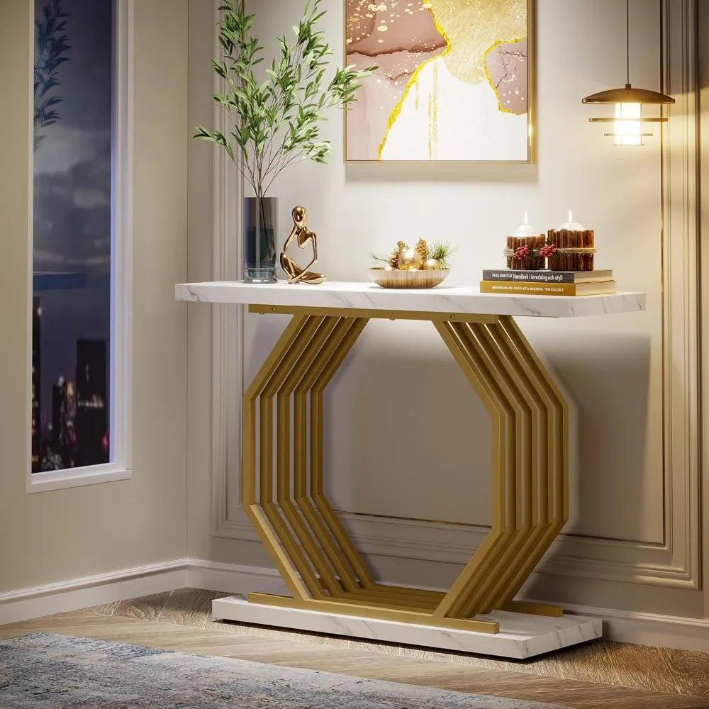 Gold Console Table, Faux Marble Entryway