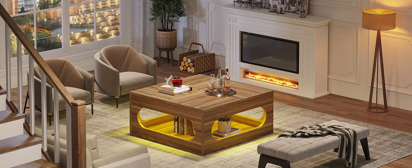 43-Inch Square Coffee Table with LED Lights