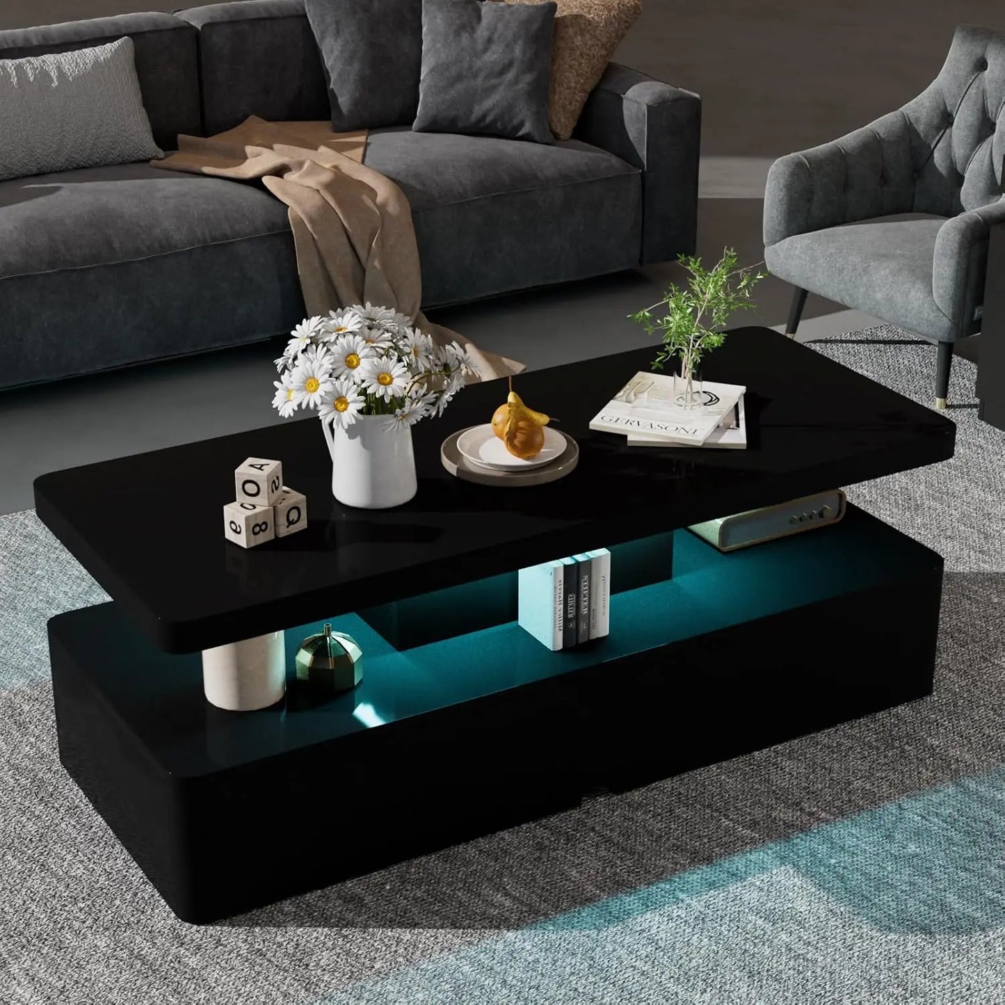 Modern Stylish Coffee Table with 16 Colors LED Lights, Double-Layer Design