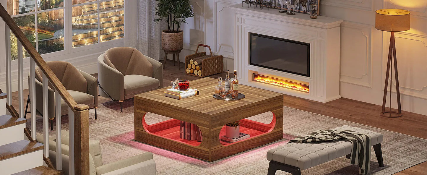 43-Inch Square Coffee Table with LED Lights