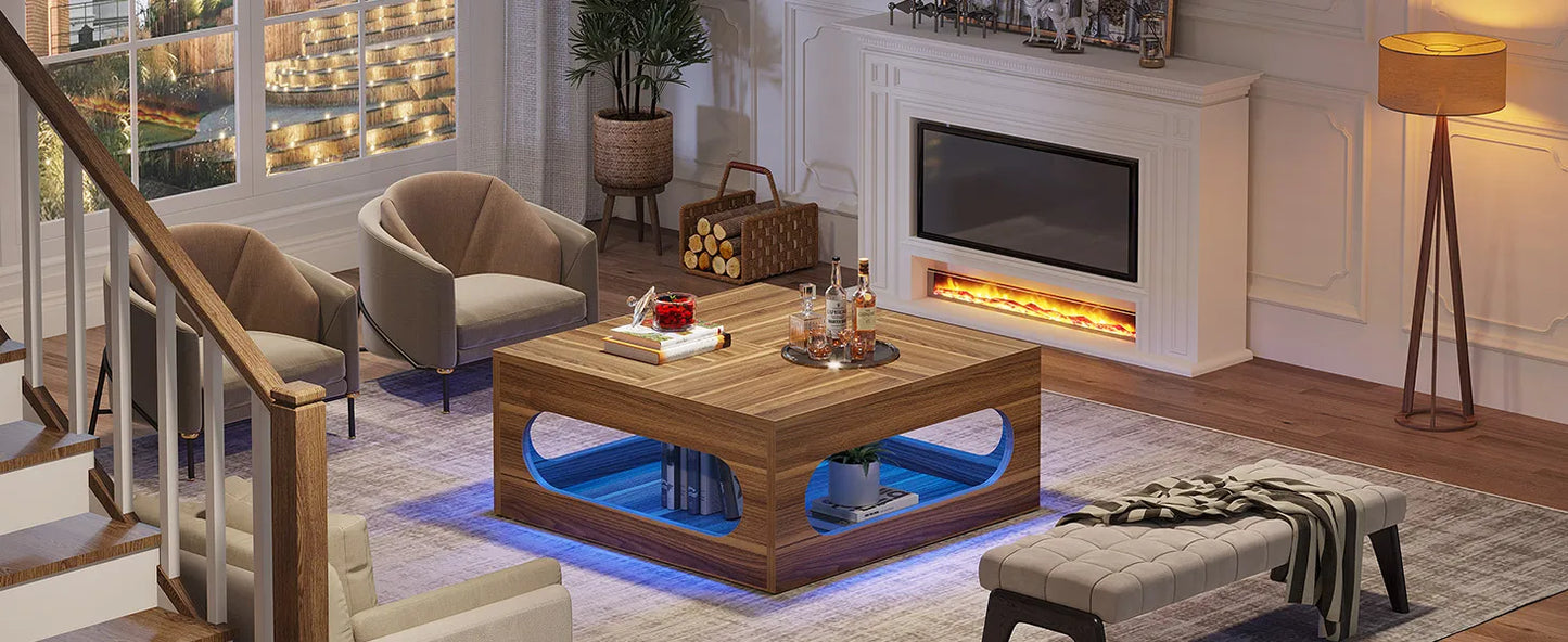 43-Inch Square Coffee Table with LED Lights