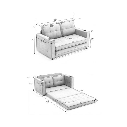 3-in-1 Upholstered Futon Sofa Convertible Sofa Bed, Foldable Tufted Loveseat with Pull Out Sleeper Couch