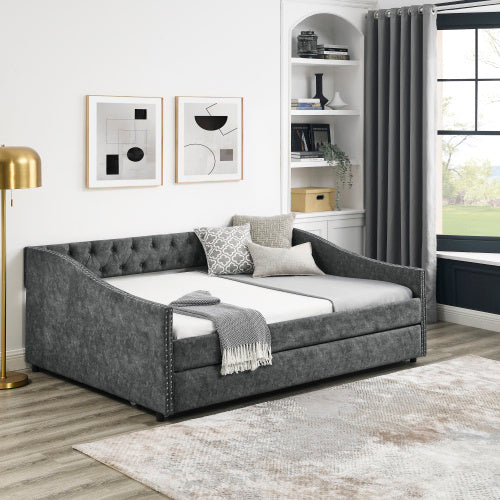 The Full-size Sofa Bed Features a Double-sized Upholstered Tufted Sofa Bed on Wheels